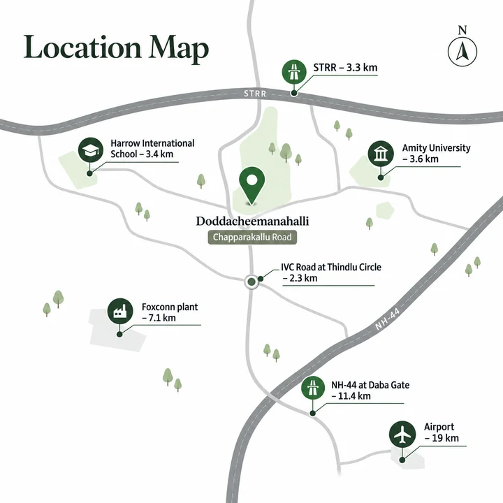 Assetz City of Palms location map, Doddacheemanahalli on Chapparakallu Road between the STRR and IVC Road